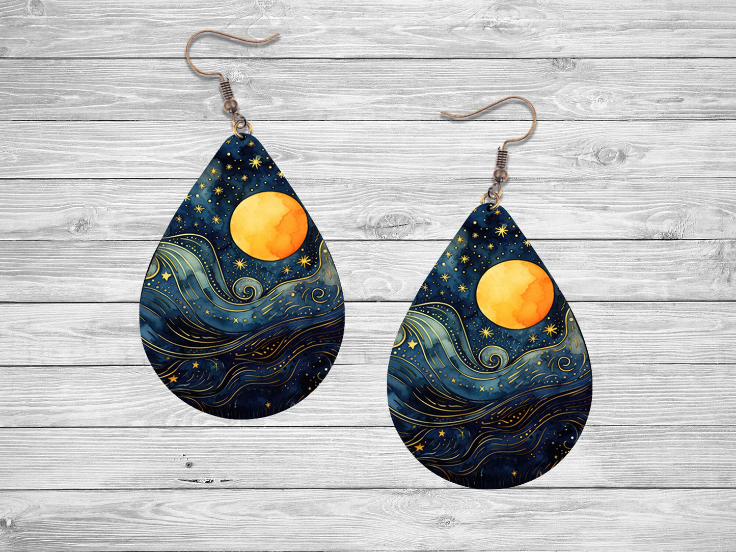 Golden Moon Print Tear Drop Wood Dangle Earrings Hypoallergenic Jewelry