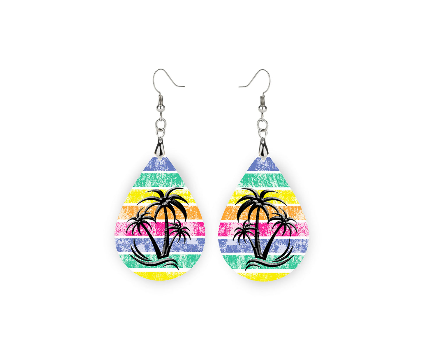 Rainbow Palms Print Tear Drop Wood Dangle Earrings Hypoallergenic Jewelry