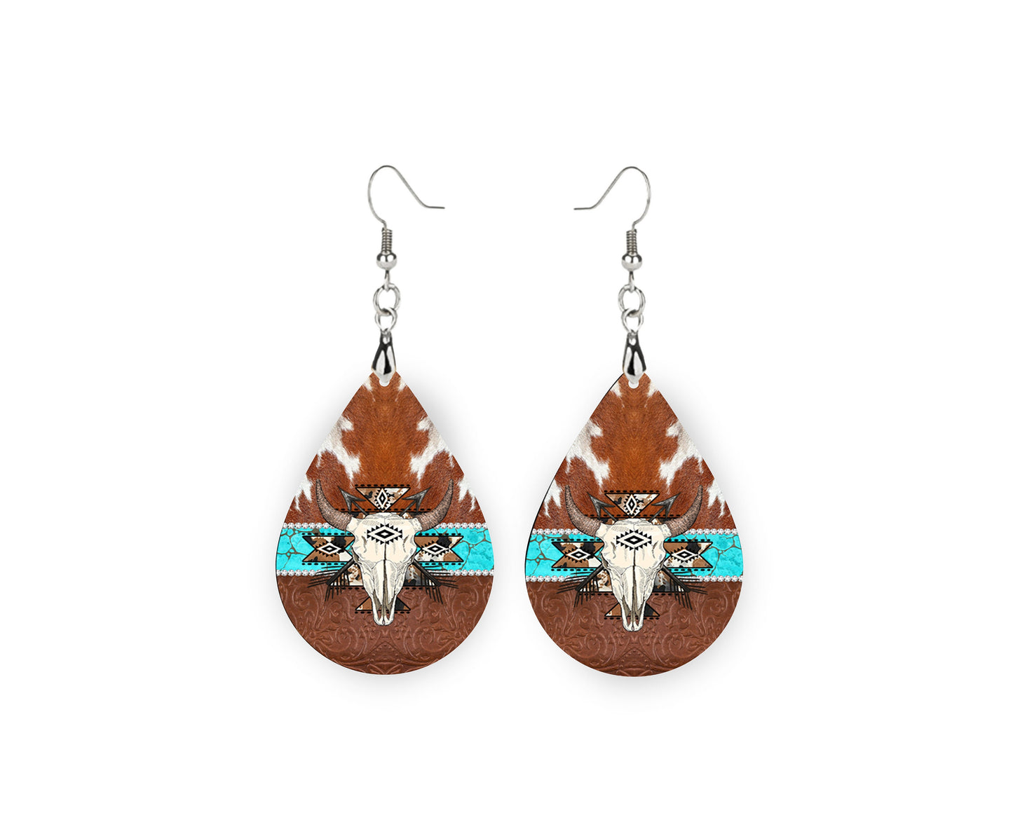 Tribal Cow Skull and Cowhide Print Western Tear Drop Wood Dangle Earrings Hypoallergenic Jewelry