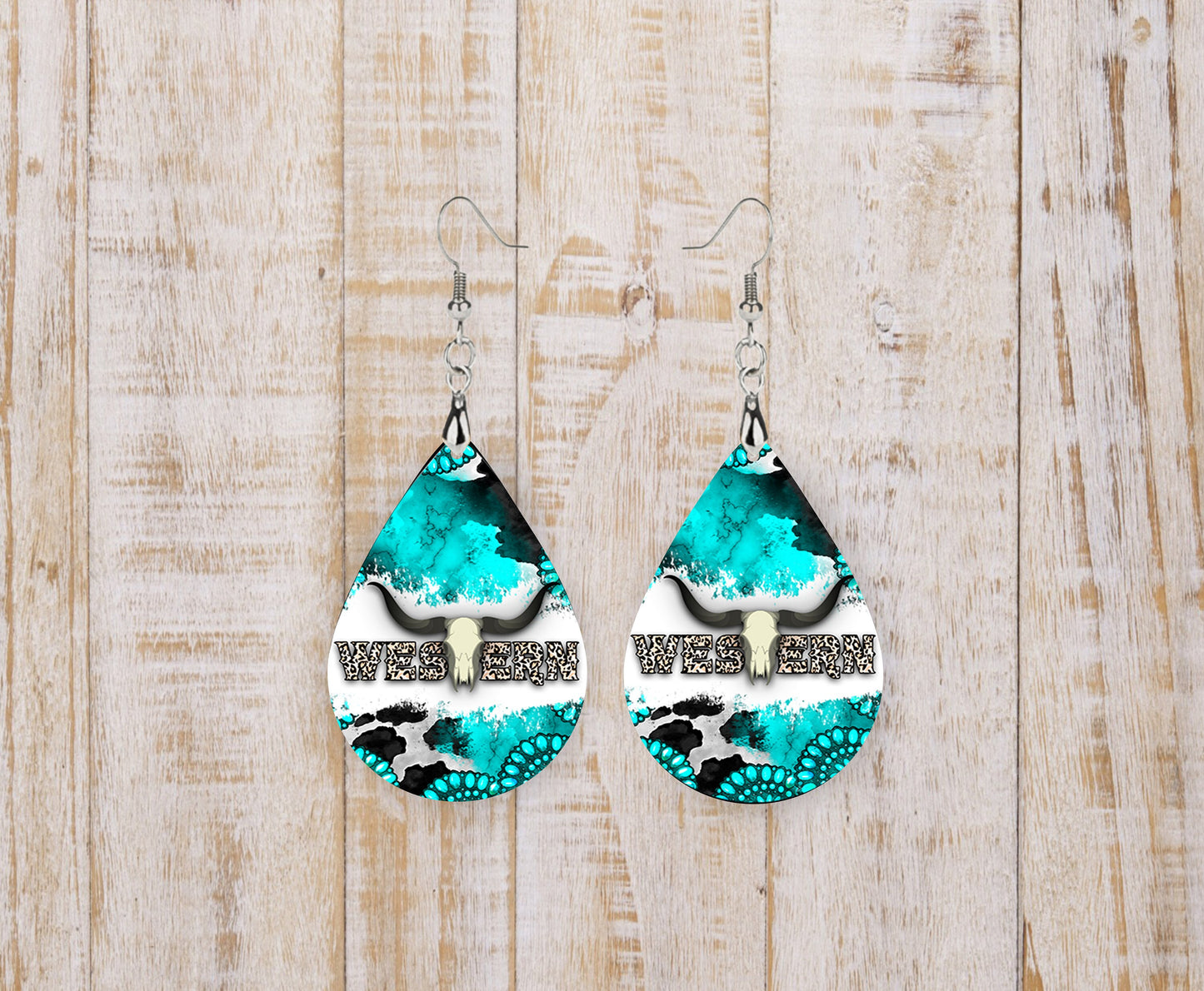 Turquoise Western Print Tear Drop Wood Dangle Earrings Hypoallergenic Jewelry