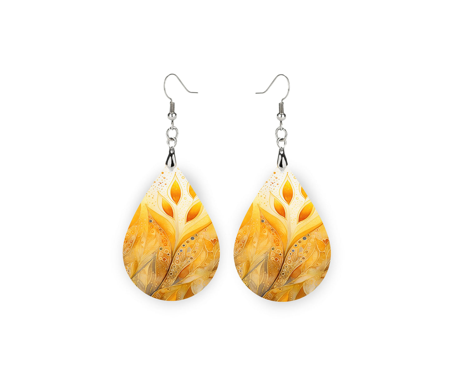 Golden Leaves Tear Drop Dangle Printed Earrings Jewelry Handmade