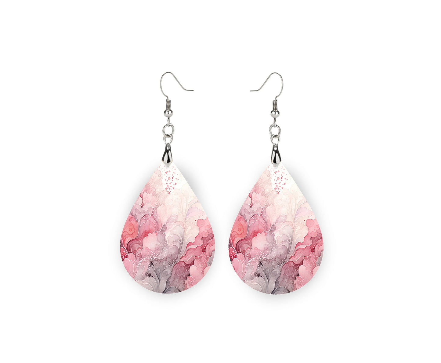 Pink and Gray Fan Pattern Tear Drop Dangle Printed Earrings Jewelry Handmade