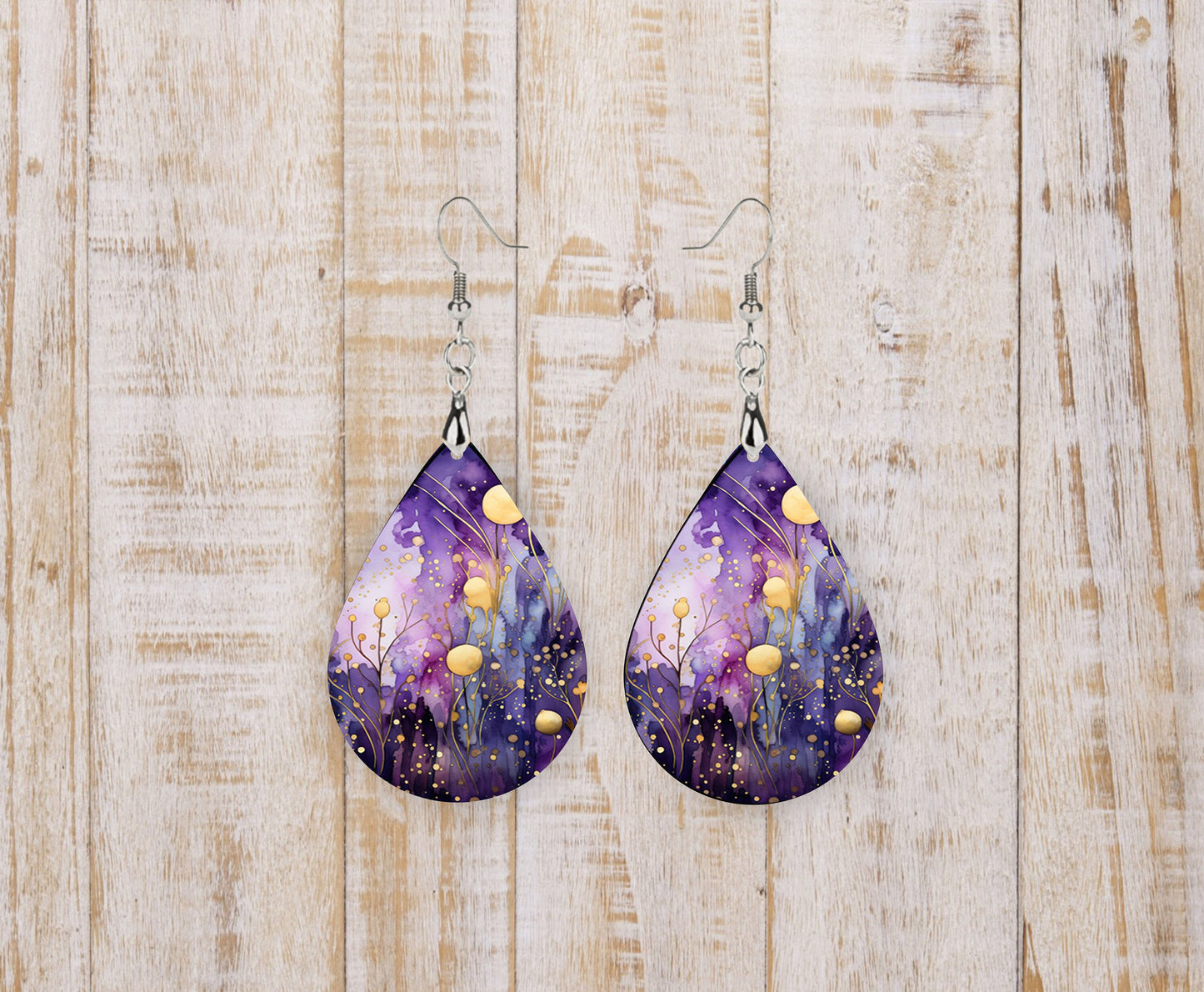 Purple Haze Tear Drop Dangle Pendientes impresos Joyería hecha a mano