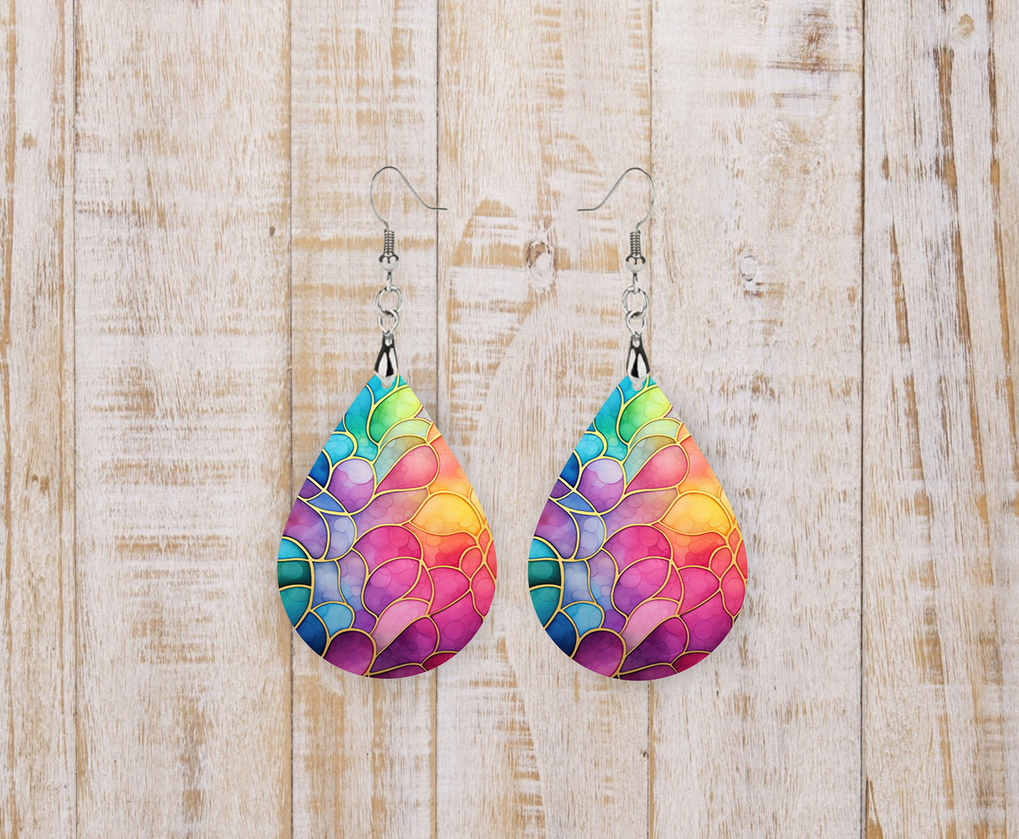 Rainbow Stain Glass Pattern Tear Drop Dangle Printed Earrings Jewelry Handmade