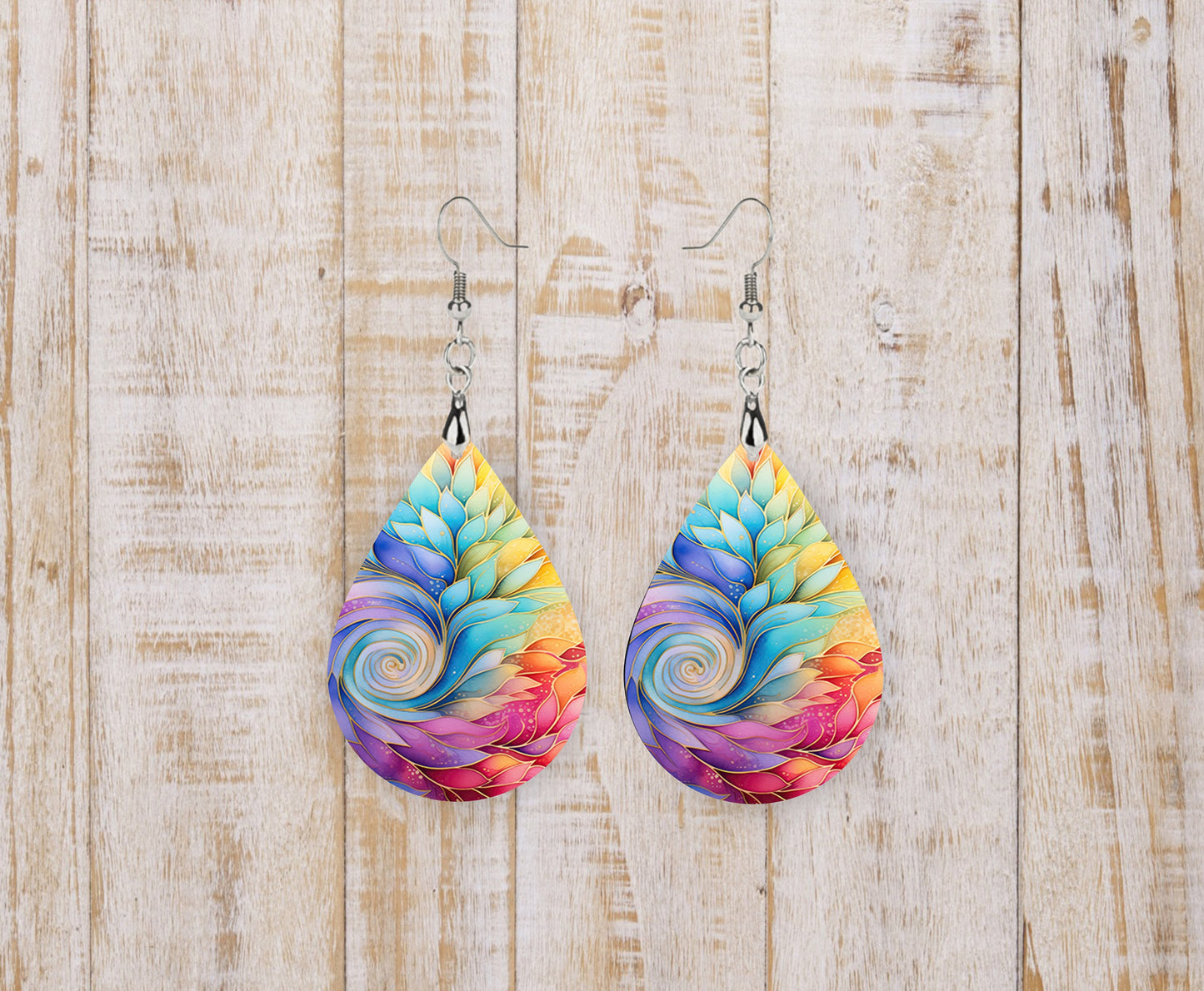 Rainbow Swirl Pattern Tear Drop Dangle Printed Earrings Jewelry Handmade