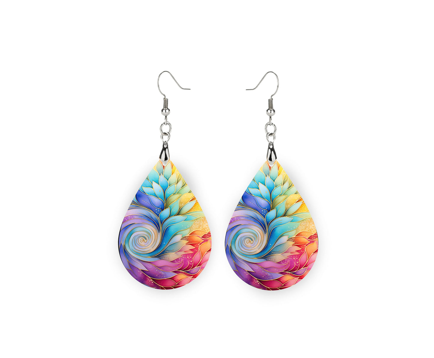 Rainbow Swirl Pattern Tear Drop Dangle Printed Earrings Jewelry Handmade