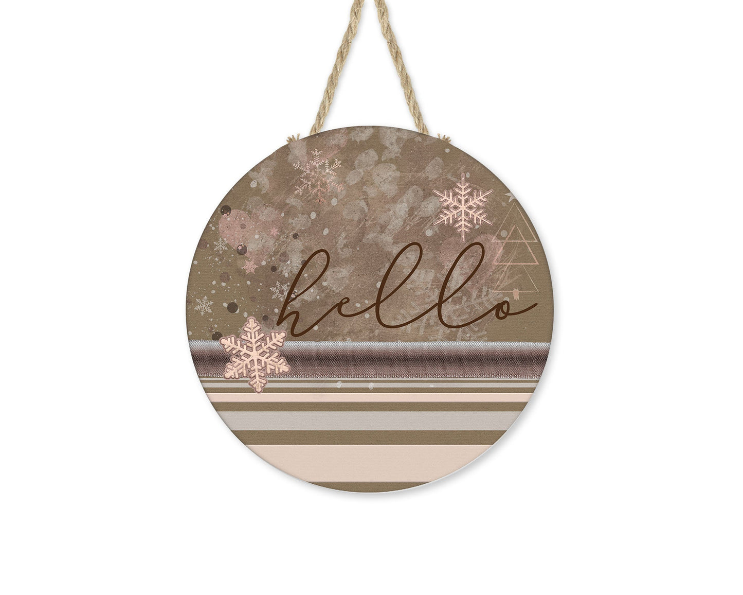 Hello Winter Brown and Pink Round Printed Handmade Wood Sign Farmhouse Door Hanger Wreath Sign