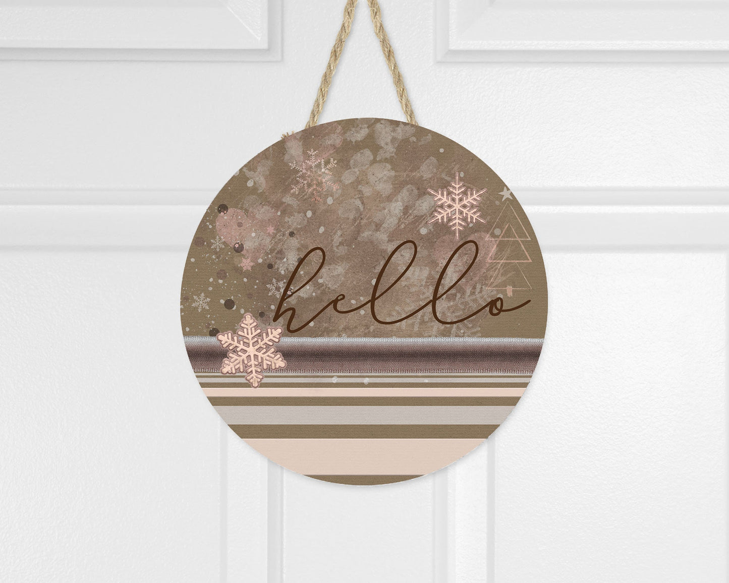 Hello Winter Brown and Pink Round Printed Handmade Wood Sign Farmhouse Door Hanger Wreath Sign