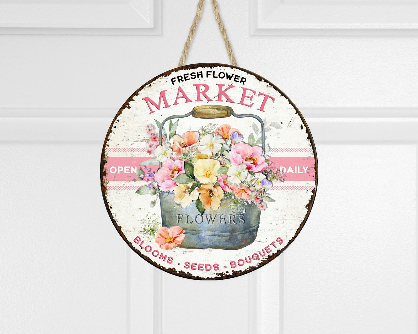 Fresh Flower Market Round Printed Handmade Wood Sign Farmhouse Door Hanger Wreath Sign