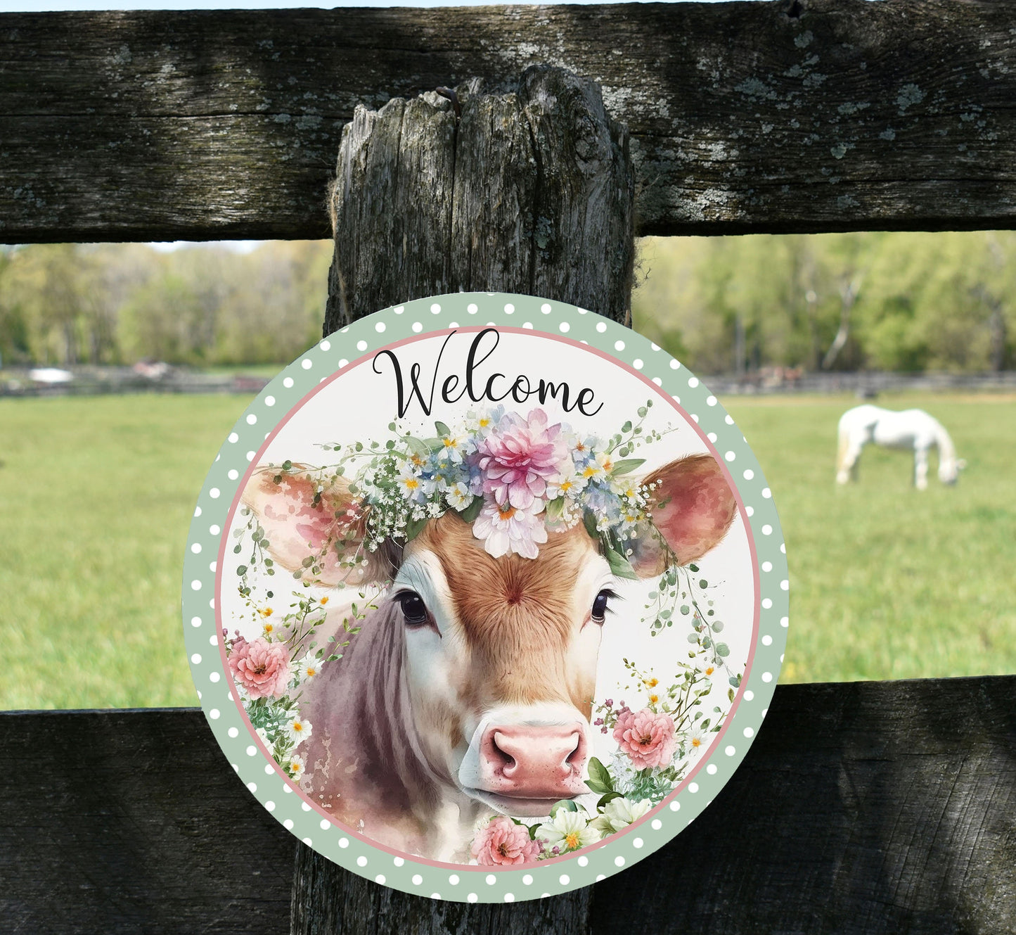 Green Flower Cow Welcome Round Printed Handmade Wood Sign Farmhouse Door Hanger Wreath Sign