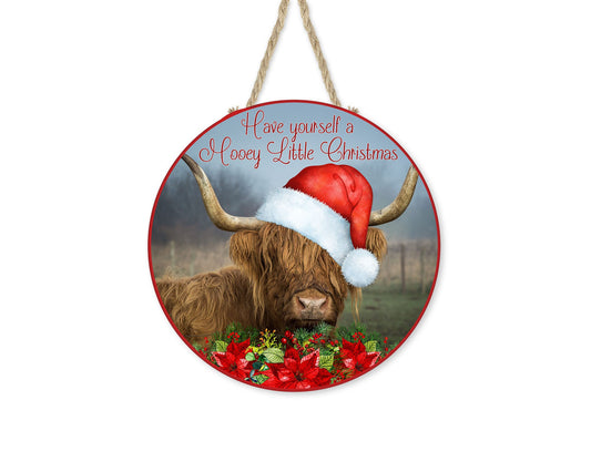 Have Yourself a Mooey Little Christmas Highland Cow - Letrero de madera hecho a mano con estampado redondo para puerta de granja