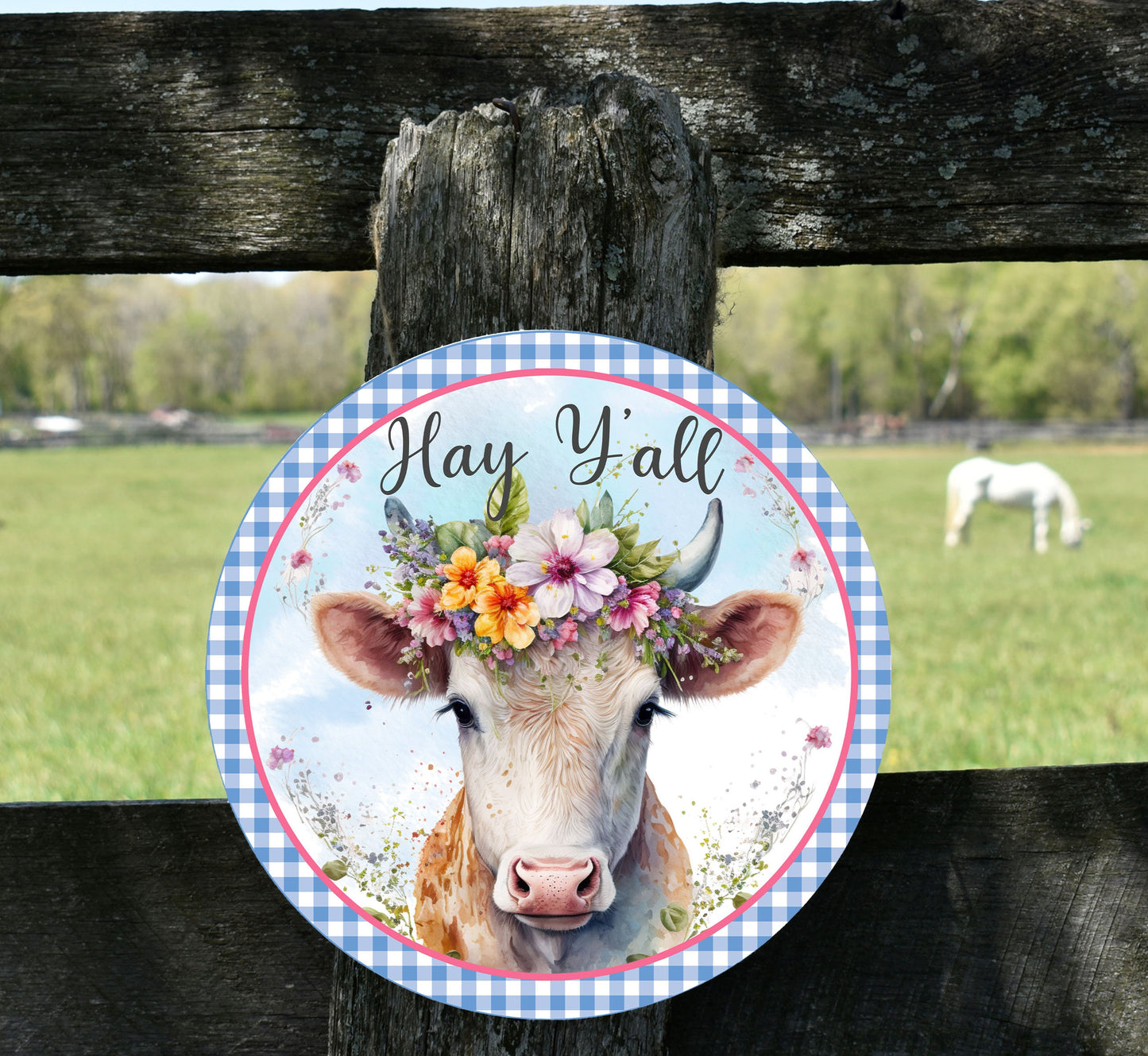 Hay Y'all Flower Cow Round Printed Handmade Wood Sign Farmhouse Door Hanger Wreath Sign