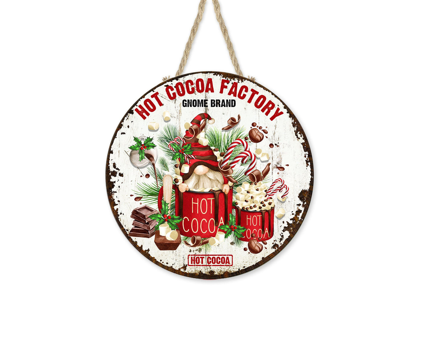 Hot Cocoa Factory-letrero de madera hecho a mano con estampado redondo navideño, colgador de puerta de granja, letrero de corona