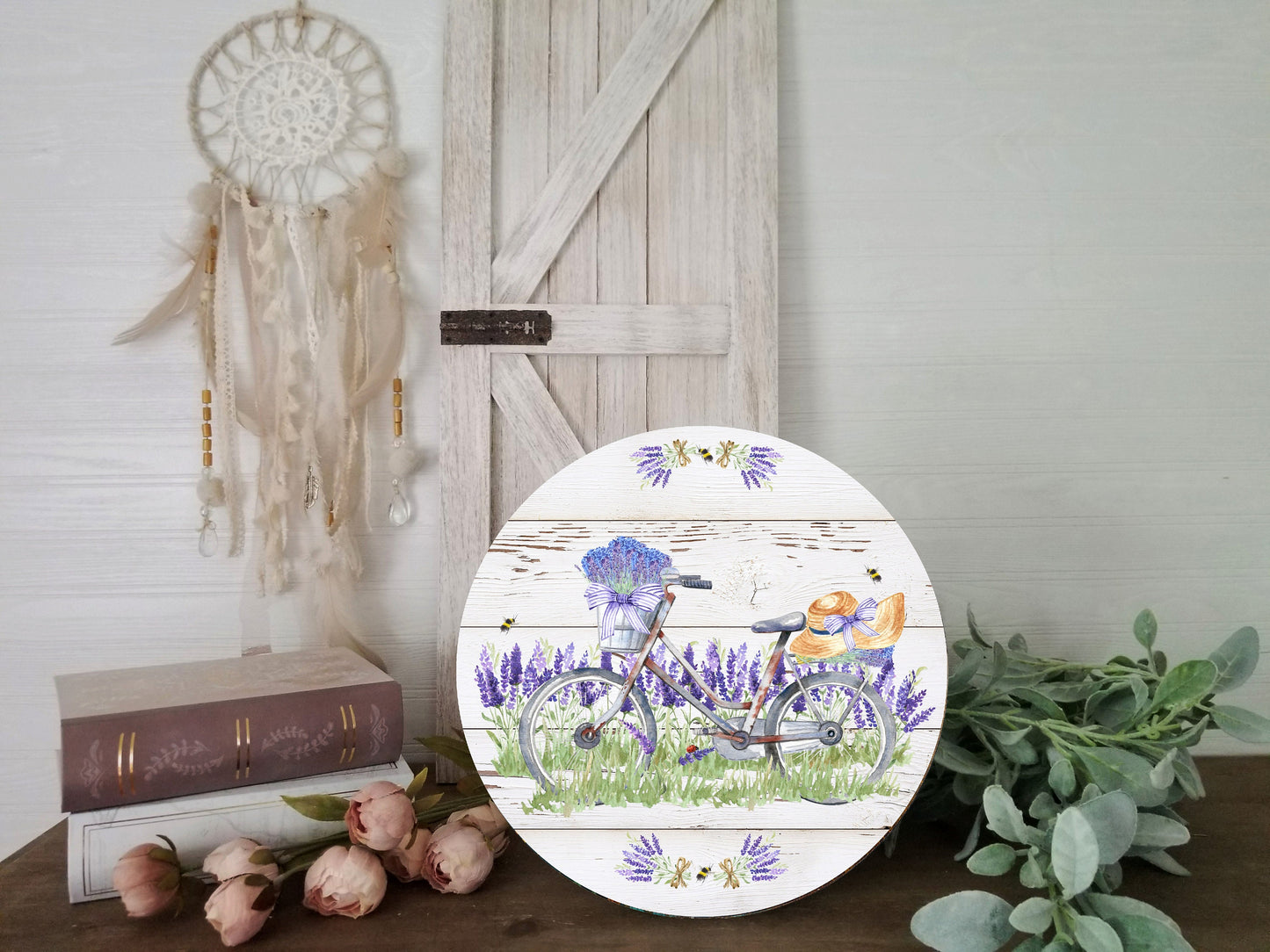 Lavender Bike Round Printed Handmade Wood Sign Farmhouse Door Hanger Wreath Sign