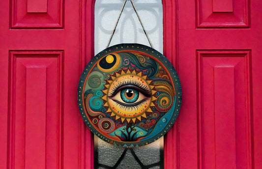 Evil Eye Round Hanging Wall Sign Wood Home Decor, Hippie Decor, Door Hanger, Wreath Sign