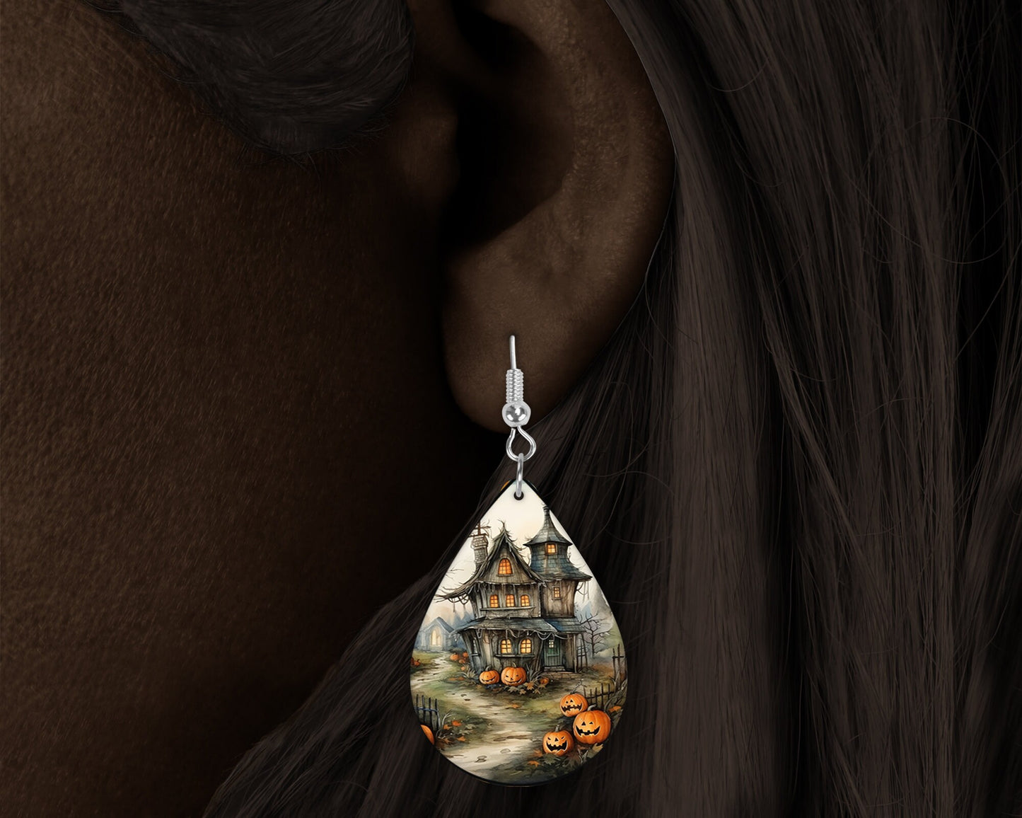 Creepy Haunted House Halloween Print Tear Drop Wood Dangle Earrings Hypoallergenic Jewelry