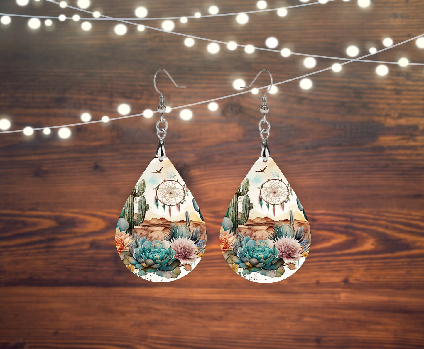 Desert Dream Print Tear Drop Wood Dangle Earrings Hypoallergenic Jewelry