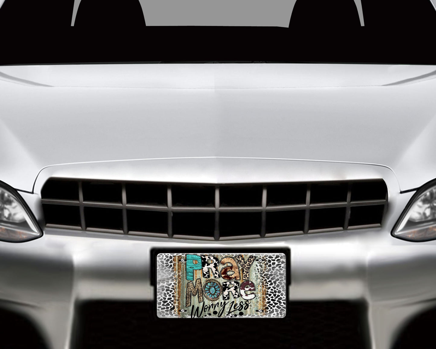 Animal Print Pray More, Worry Less Printed Aluminum Front License Plate, Car Accessory, Vanity Plate