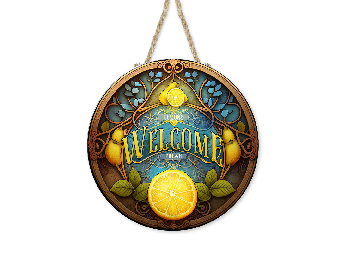 Lemon Welcome Round Printed Handmade Wood Sign Farmhouse Door Hanger Wreath Sign