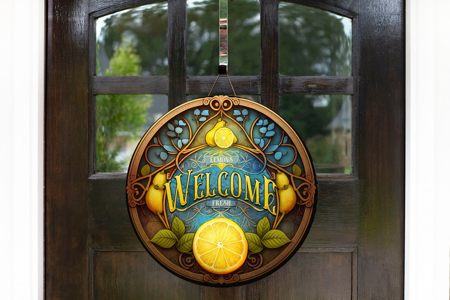 Lemon Welcome Round Printed Handmade Wood Sign Farmhouse Door Hanger Wreath Sign