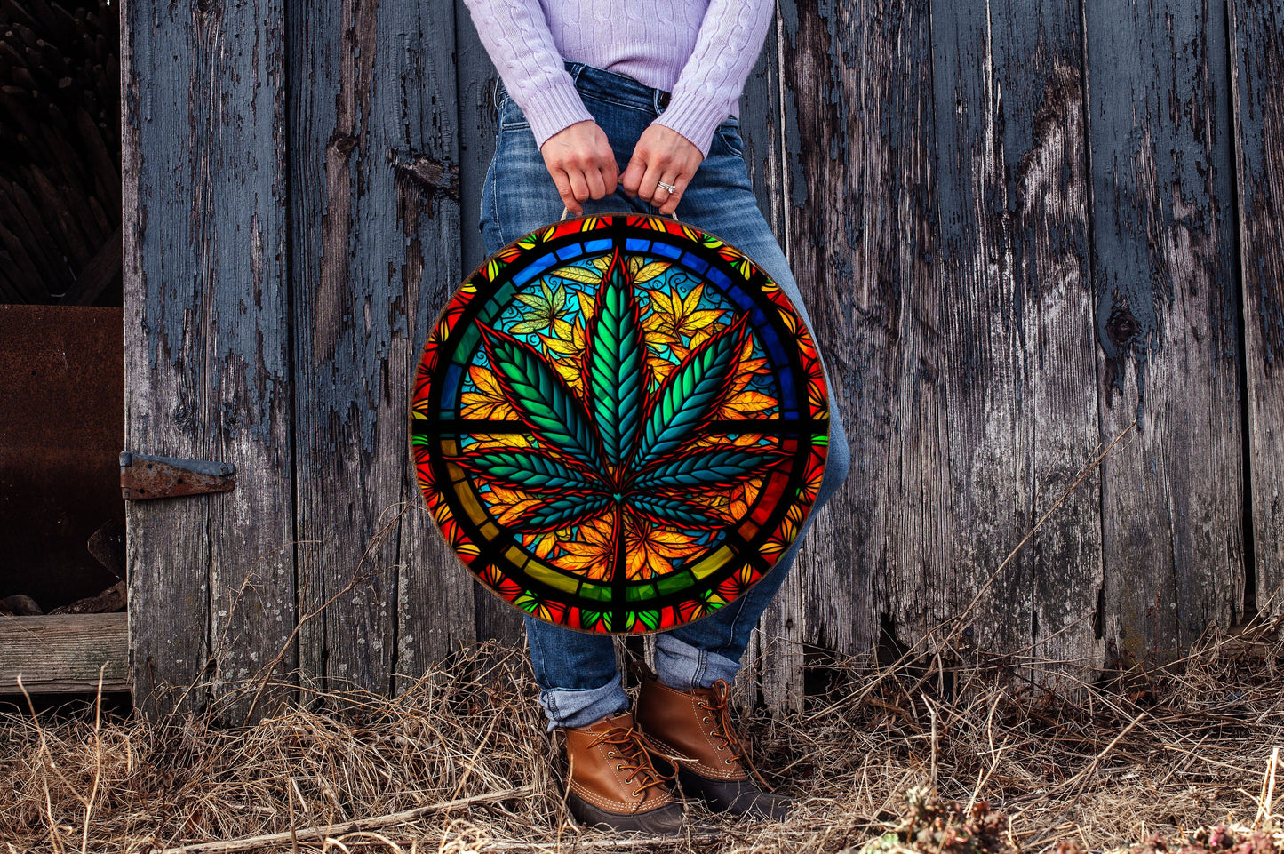 Cannabis Faux Stain Glass Round Hanging Wall Sign Wood Home Decor, Hippie Decor, Door Hanger, Wreath Sign, Stoner Decor