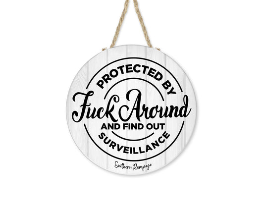 Protected By FAFO Surveillance Round Hanging Wall Sign Wood Home Decor, Hippie Decor, Door Hanger, Wreath Sign, Stoner Decor