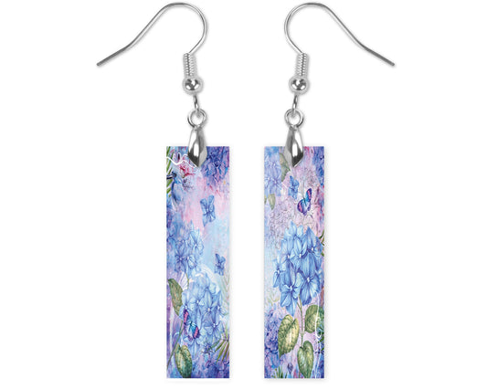 Blue Hydrangea Floral Flower Dangle Printed Earrings Jewelry Handmade