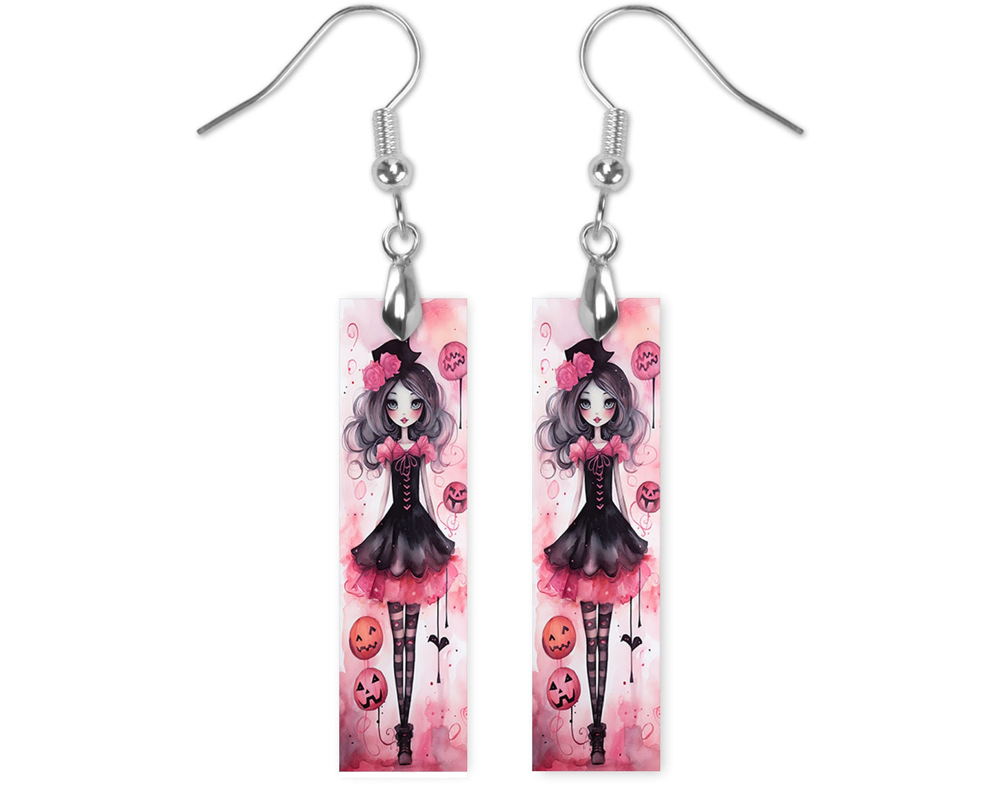 Pink Glam Halloween Girl Halloween Printed Wood Dangle Earrings Hypoallergenic Jewelry Handmade