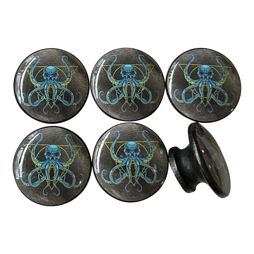 Set of 6 Octopus Skull Wood Cabinet Knobs, Drawer Knobs and Pulls, Kitchen Cabinet Knobs, Beach House, Beach Theme, Ocean