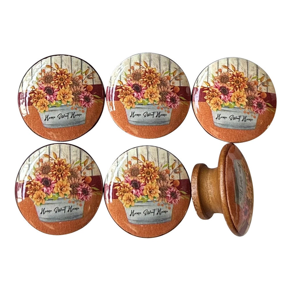 Orange Flowers Home Sweet Home Wood Cabinet Knobs, Drawer Knobs and Pulls, Kitchen Cabinet Knobs, Boho Decor,  Floral Decor