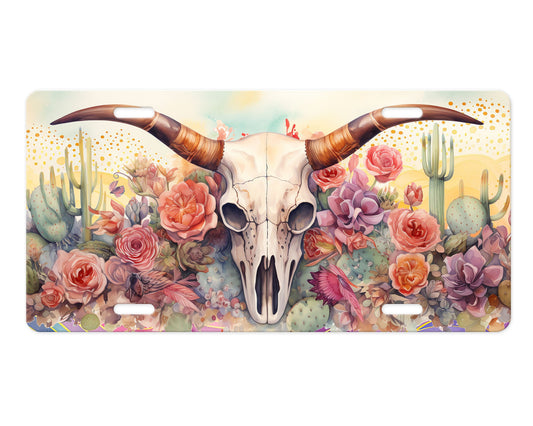 Cow Skull and Succulents  Aluminum Vanity License Plate Car Accessory Decorative Front Plate