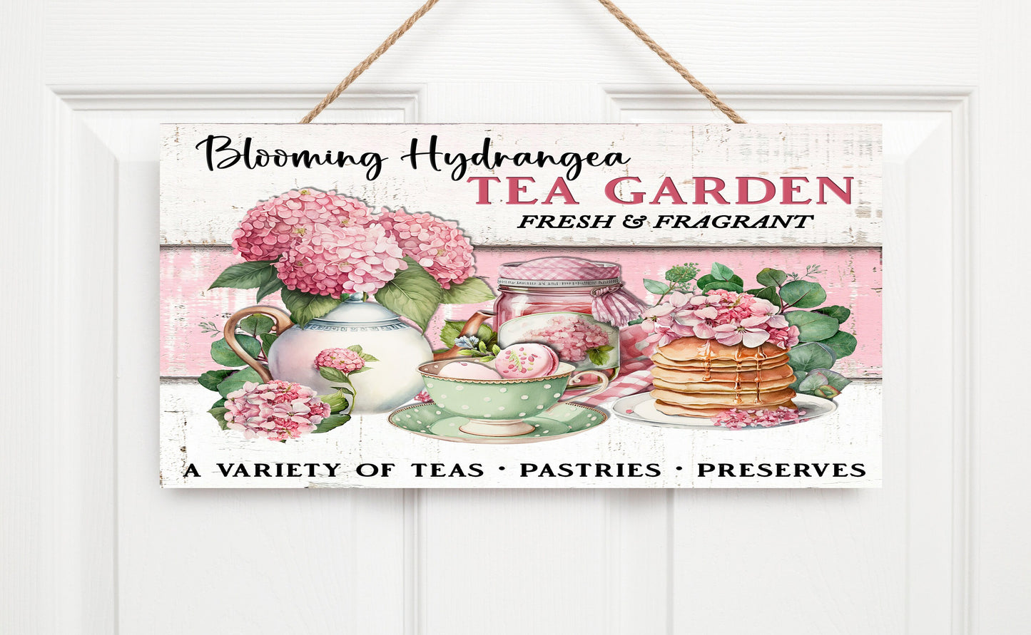 Blooming Hydrangea Tea Garden Twisted R Design Farmhouse Wood Sign, Wood Decorative Wall Signs 5" x 10" Wood Wall Decor Hanging Wall Sign