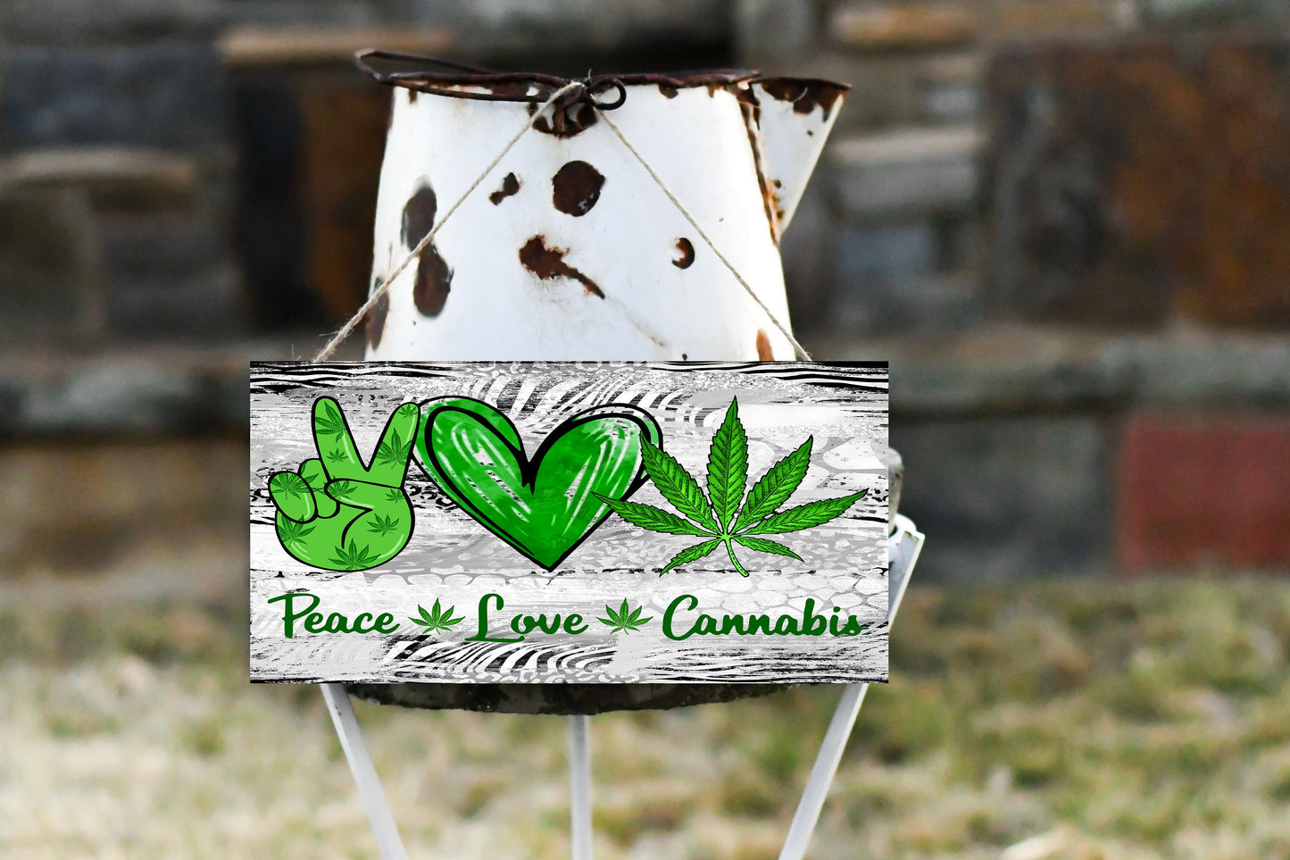 Peace Love Cannabis Hanging Wall Sign Wood Home Decor, Stoner Gift, Hippie Decor, Door Hanger