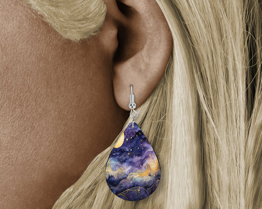 Blue Celestial Tear Drop Dangle Printed Earrings Jewelry Handmade