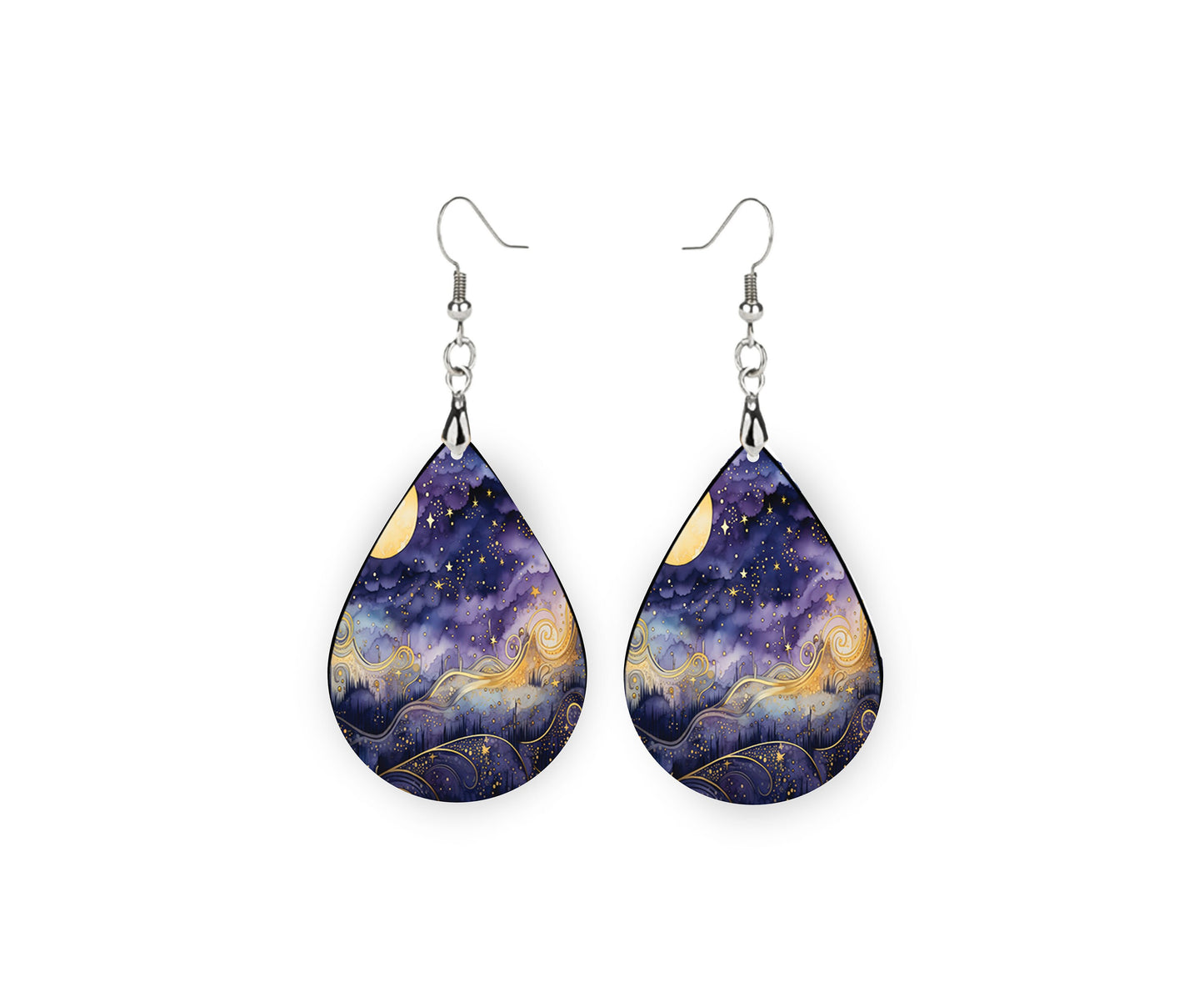 Blue Celestial Tear Drop Dangle Printed Earrings Jewelry Handmade