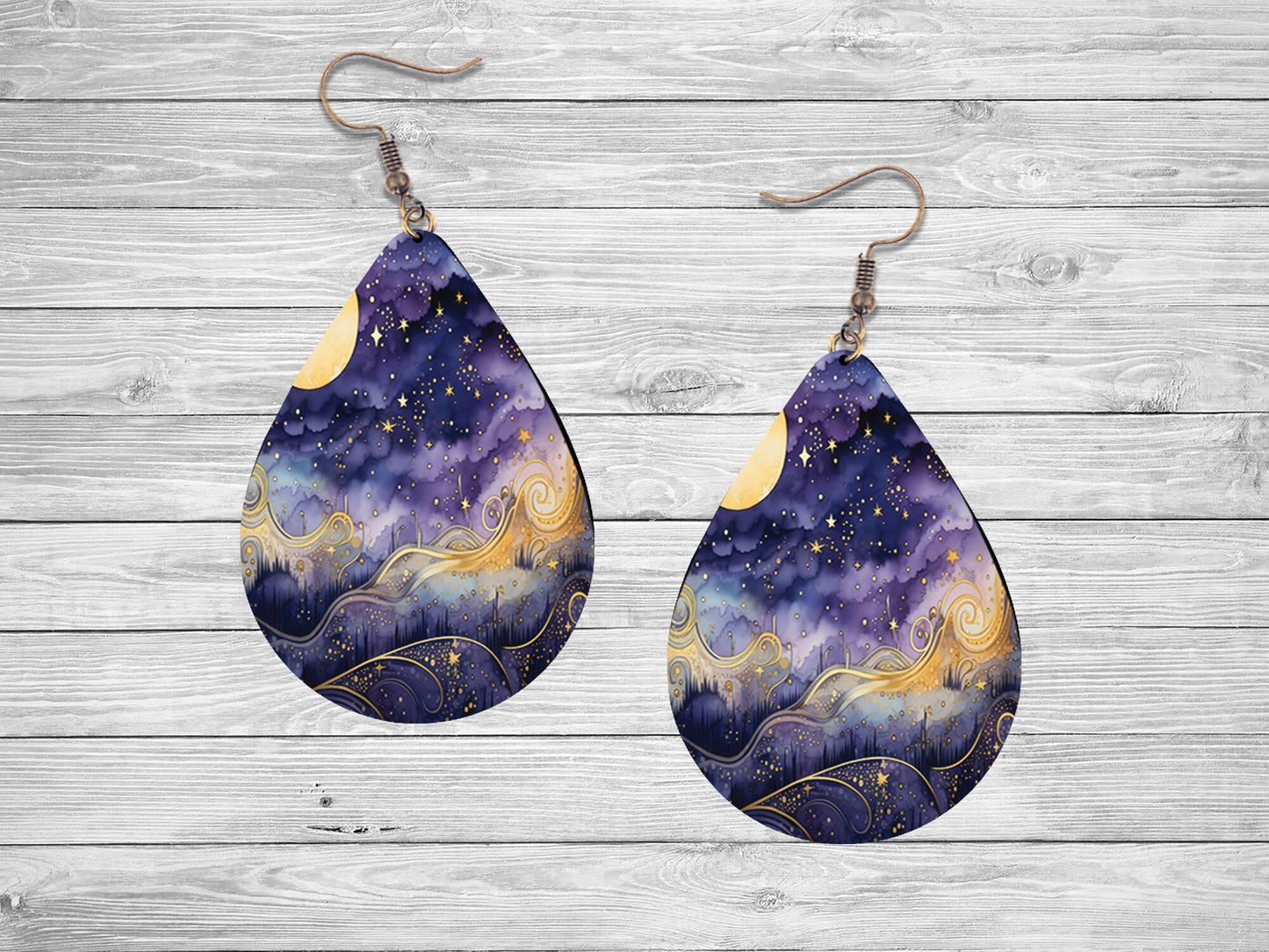 Blue Celestial Tear Drop Dangle Printed Earrings Jewelry Handmade