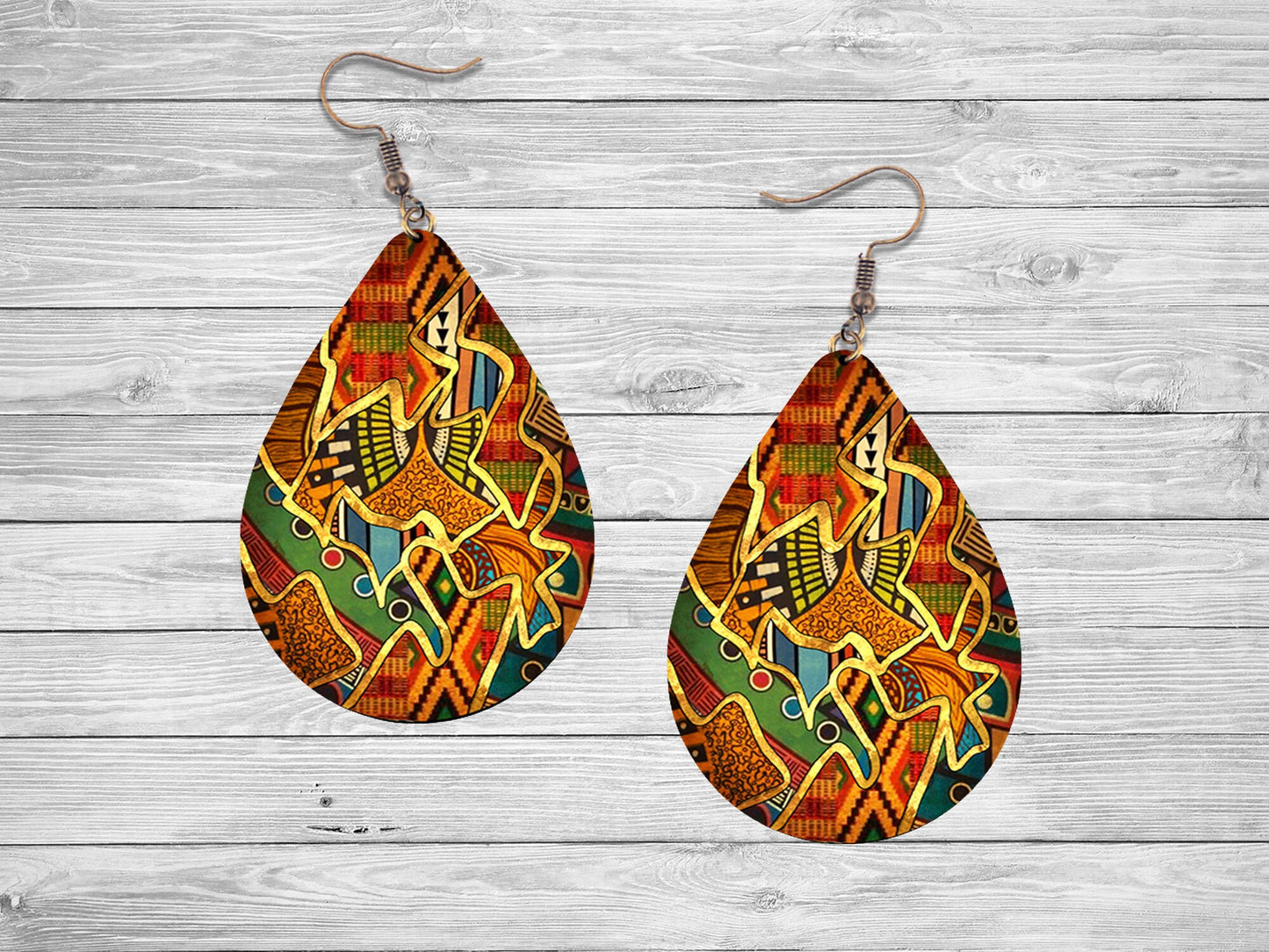 African Ethnic Print Tear Drop Wood Dangle Earrings Hypoallergenic Jewelry