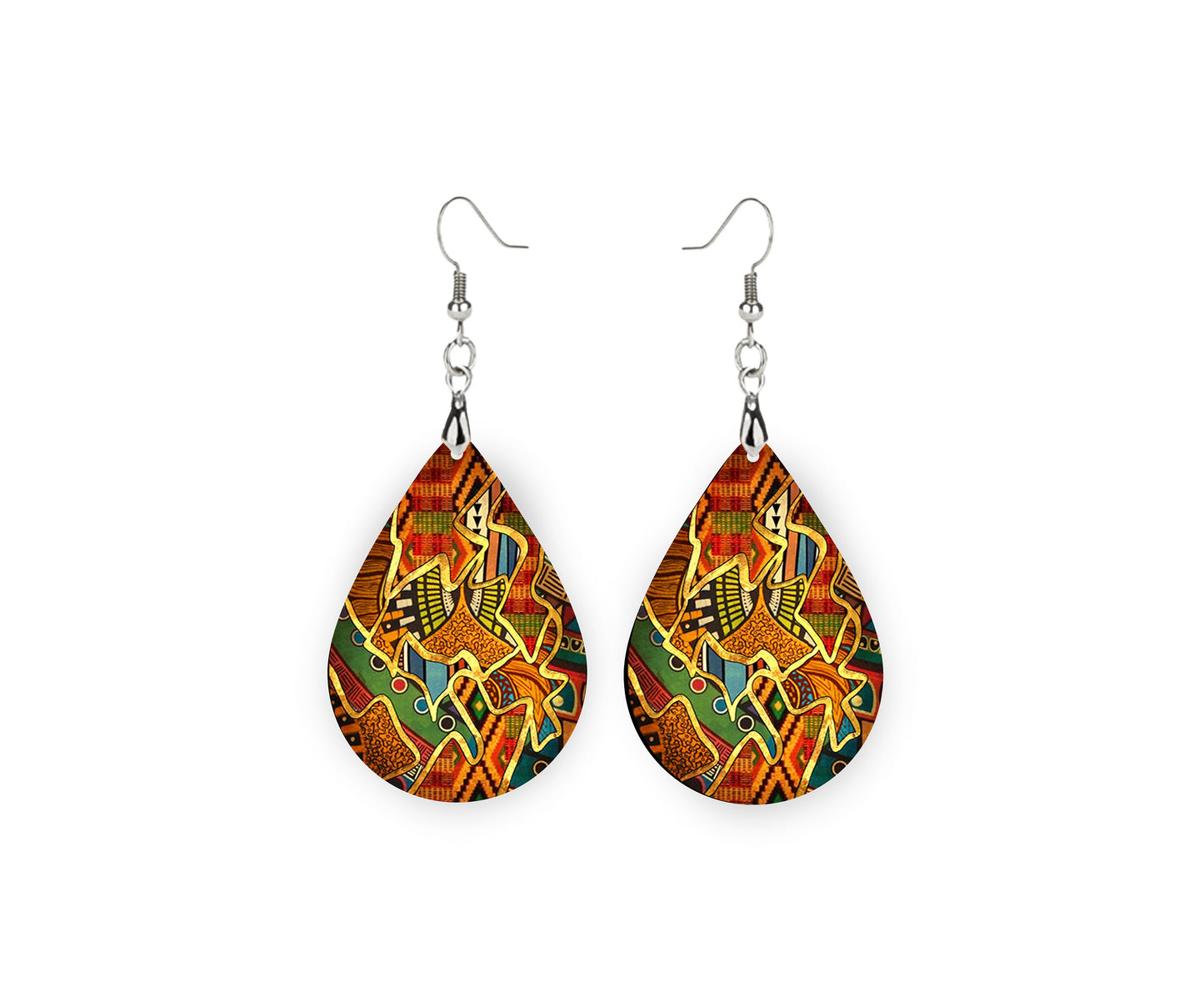 African Ethnic Print Tear Drop Wood Dangle Earrings Hypoallergenic Jewelry