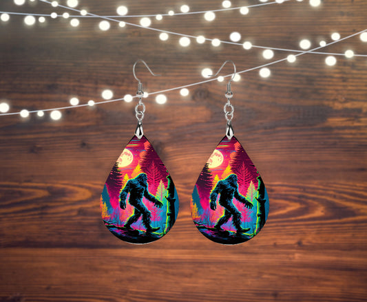 Neon Bigfoot Tear Drop Dangle Printed Earrings Jewelry Handmade