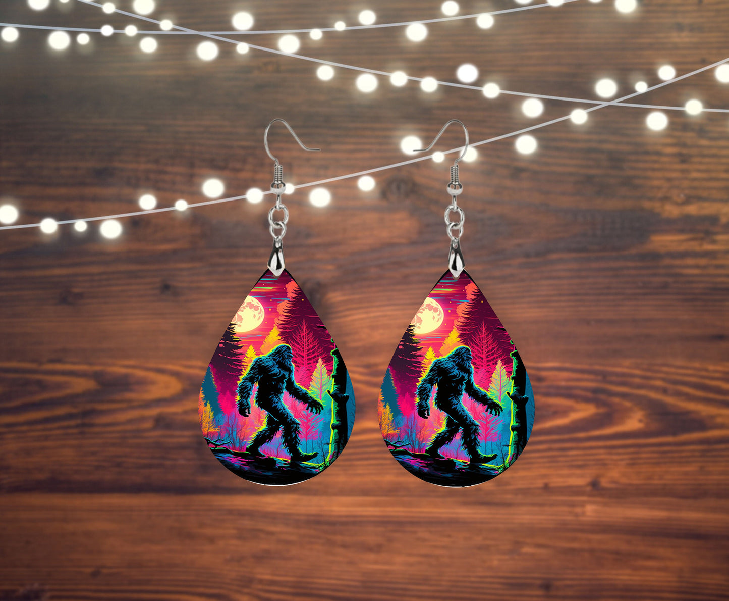 Neon Bigfoot Tear Drop Dangle Printed Earrings Jewelry Handmade