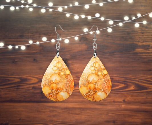 Naranja Fizz Tear Drop Dangle Pendientes impresos Joyería hecha a mano