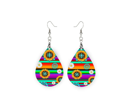 Bright Serape Sunflower Western Tear Drop Dangle Printed Earrings Jewelry Handmade