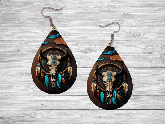 Bull Skull Dream Catcher Western Tear Drop Dangle Printed Earrings Jewelry Handmade