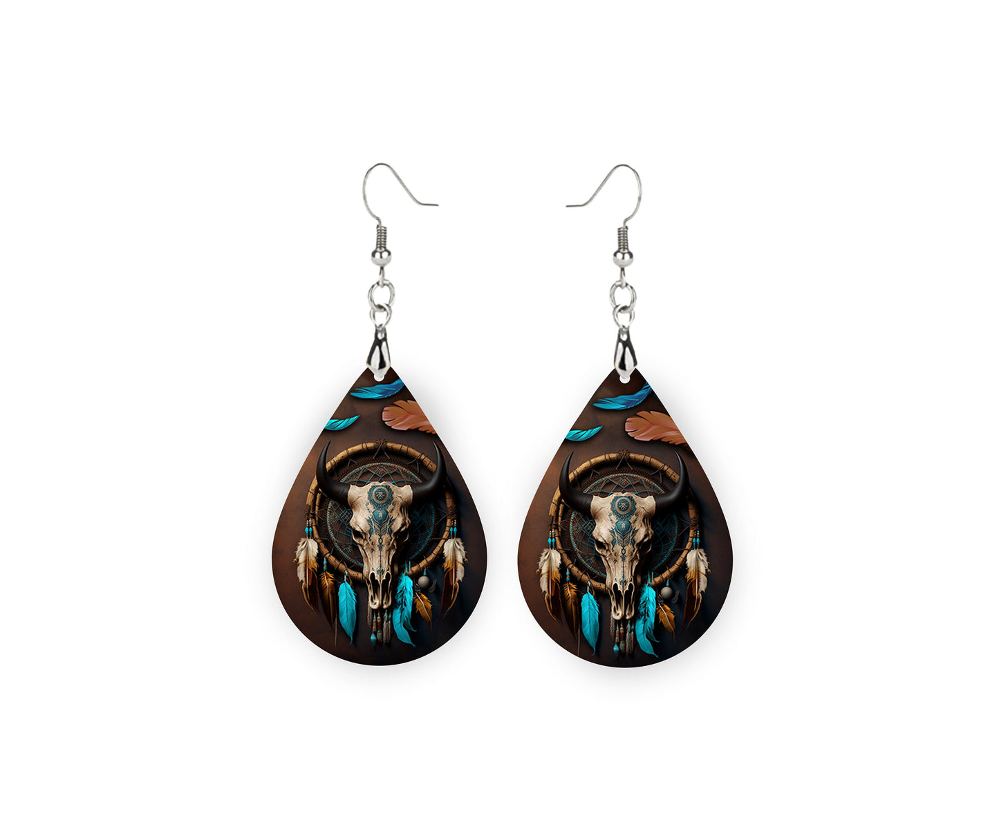 Pendientes con estampado de calavera de toro, atrapasueños, lágrima occidental, joyería hecha a mano