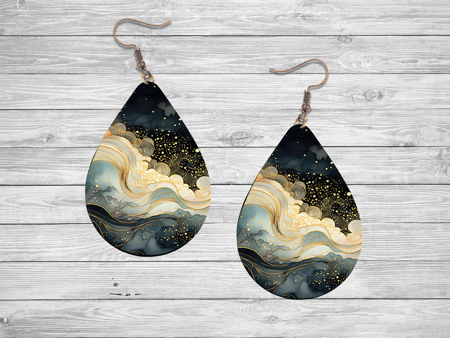 Clouds at Night Tear Drop Dangle Printed Earrings Jewelry Handmade