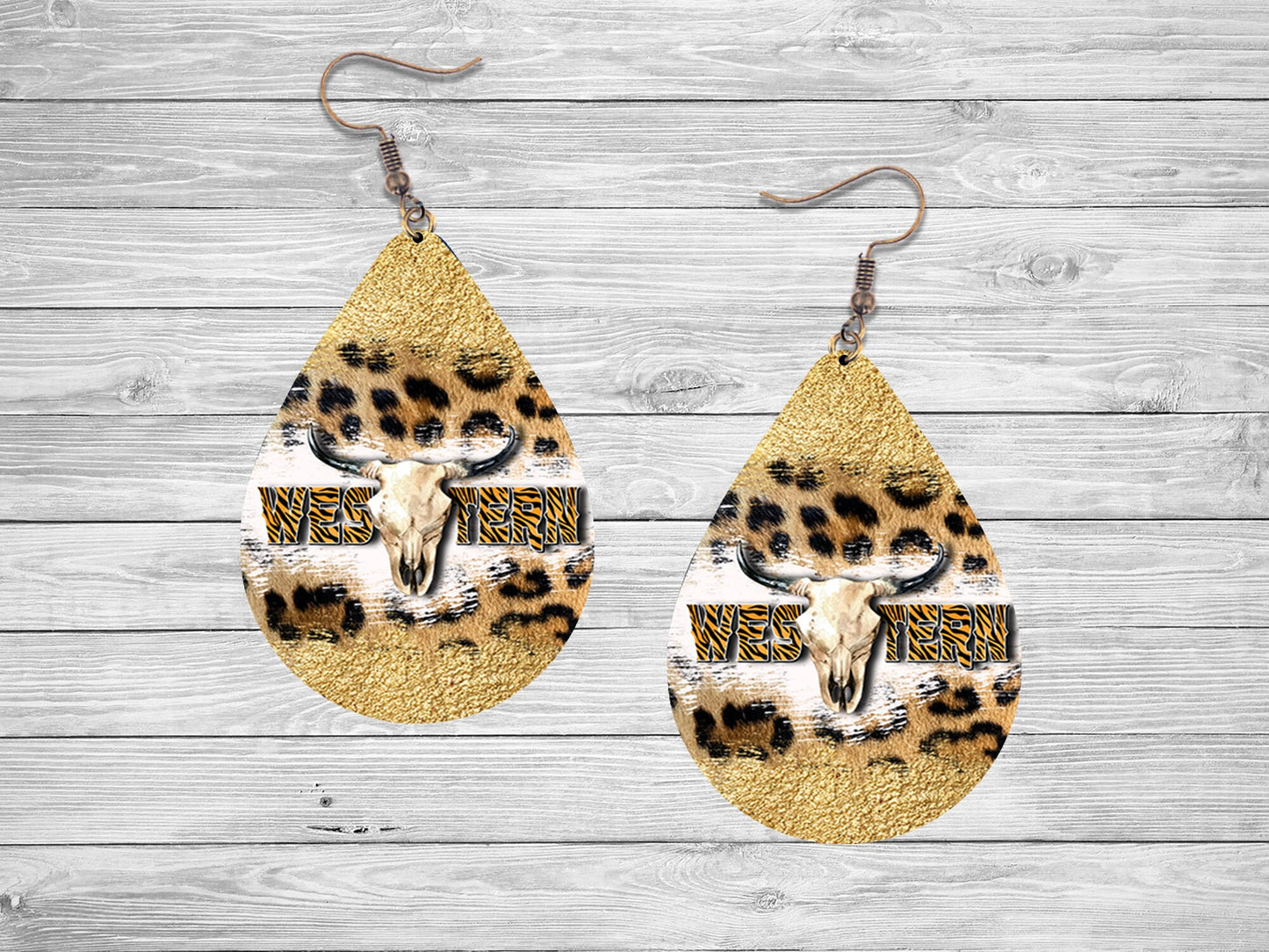 Leopard Western Cow Skull Tear Drop Dangle Printed Earrings Jewelry Handmade