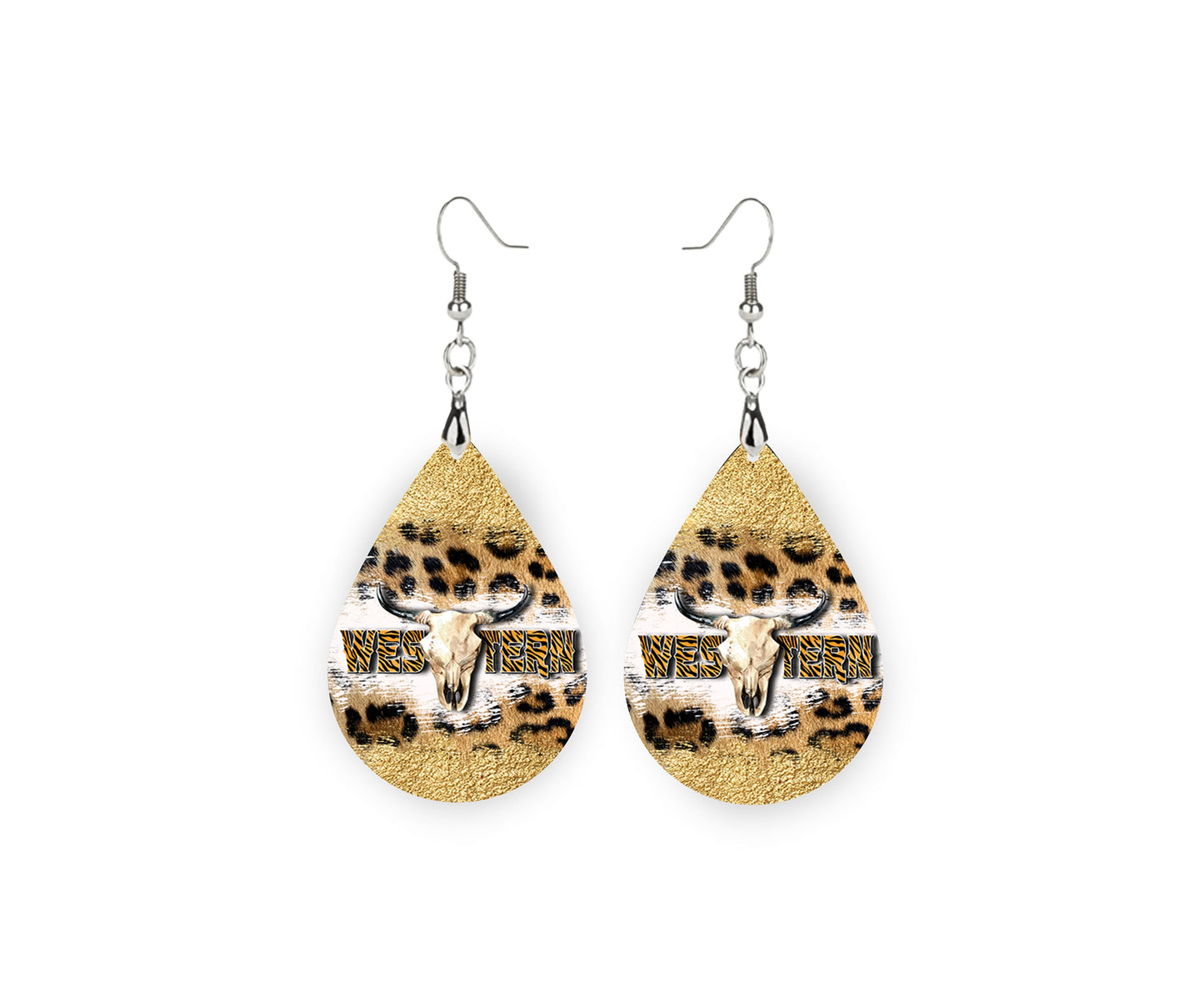 Pendientes estampados con forma de lágrima de calavera de vaca occidental de leopardo, joyería hecha a mano