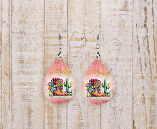 Boots and Cactus Tear Drop Dangle Printed Earrings Jewelry Handmade