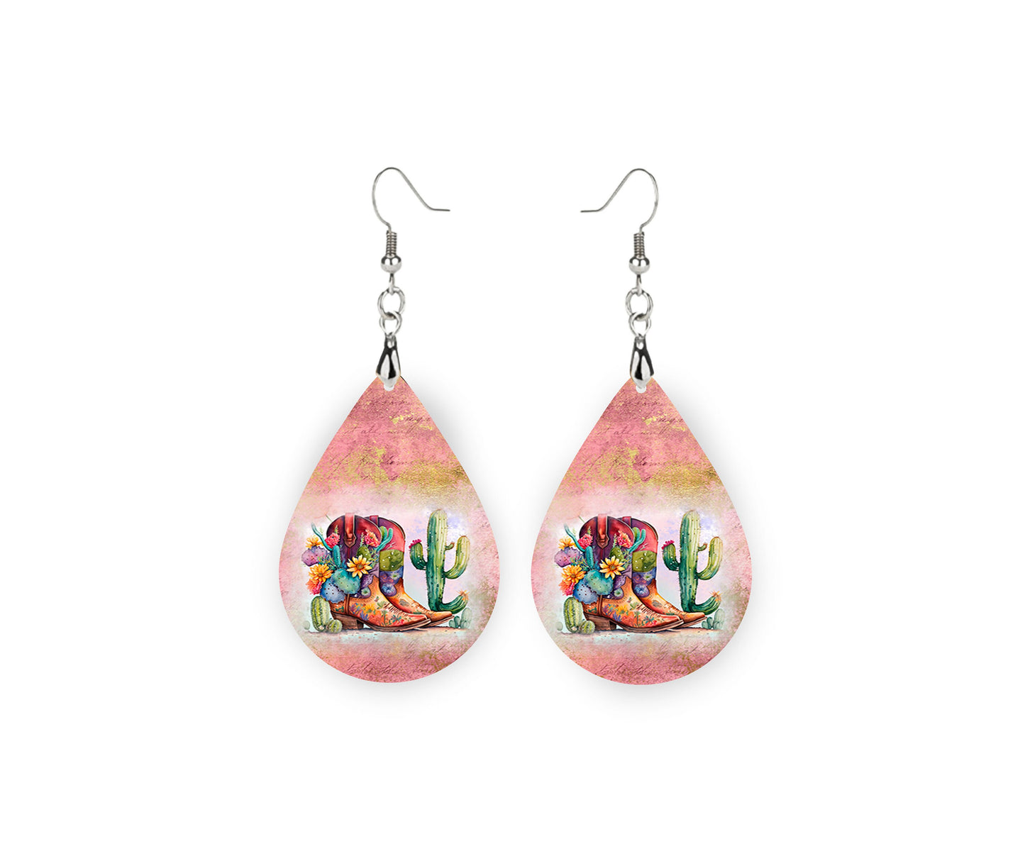 Boots and Cactus Tear Drop Dangle Printed Earrings Jewelry Handmade