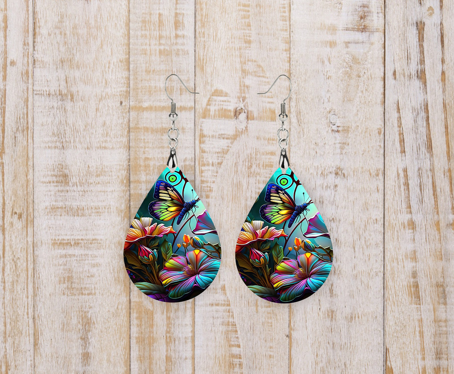 Butterfly and Flowers Tear Drop Dangle Printed Earrings Jewelry Handmade